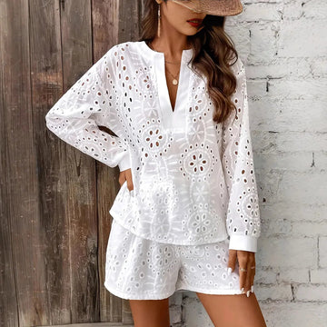 Hollow Out Broderie Anglaise 2 Piece Co-ord Set Blouse and Shorts eprolo