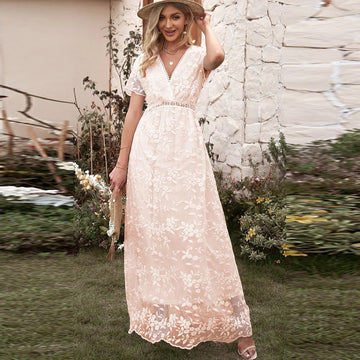 V-Neck Short Sleeve Lace Maxi Dress eprolo