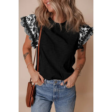 Ruffle Patchwork Lace Casual T-Shirt Cap Sleeve eprolo