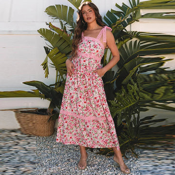 Pink Floral Print Lace Strap Maxi Dress eprolo