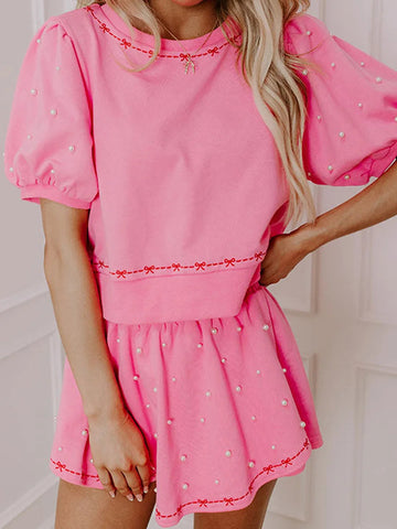 Skort and Short Sleeve Top Co-ord Set Pearl Stitching eprolo
