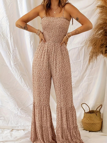 Spaghetti Strap Wide Leg Floral Jumpsuit Bohemian Style eprolo