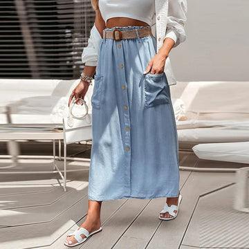 Denim Blue Skirt Button Down Lyocell Maxi Skirts eprolo