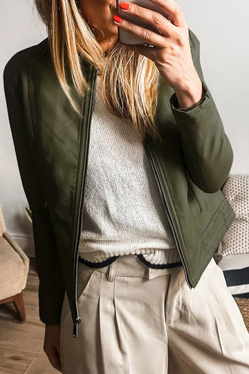 Sage Green Solid Faux Leather Zipper Slim Fit Bomber Jacket - BB Fashion Outlet