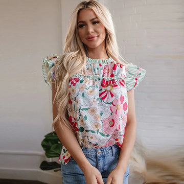 Floral Print Chiffon Blouse Cap Ruffle Sleeves eprolo