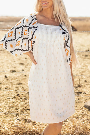 Square Neck Smock Short Dress Geometric Print eprolo