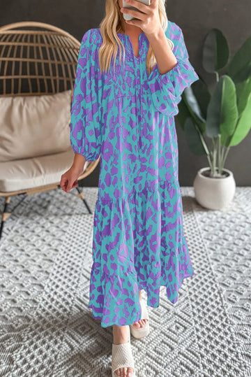 Sky Blue Abstract Print Puff Sleeve Tied Notched Neck Long Dress Beagle Boutique Fashion Outlet