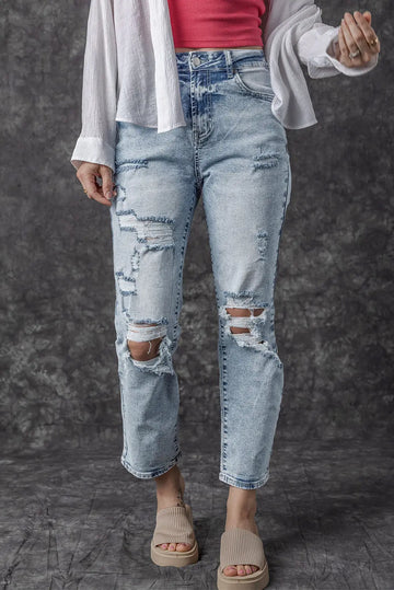 Sky Blue Light Wash Frayed Slim Fit High Waist Jeans eAura