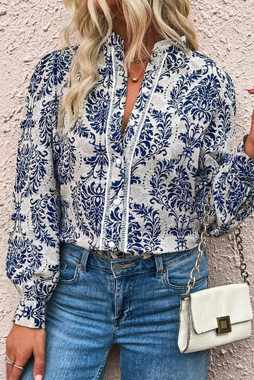 Sky Blue Tribal Pattern Print Notch Neck Buttoned Plus Size Shirt Beagle Boutique Fashion Outlet