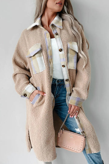 Smoke Gray Plaid Patchwork Collared Button-up Sherpa Long Coat Beagle Boutique Fashion Outlet