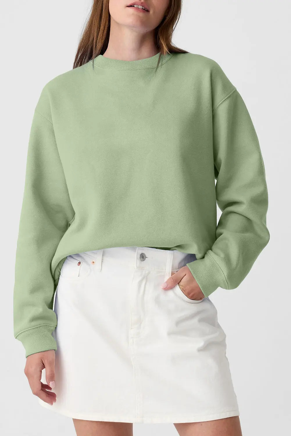 Smoke Green Plain Drop Shoulder Crewneck Pullover Sweatshirt eAura