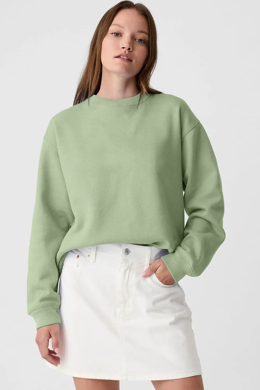 Smoke Green Plain Drop Shoulder Crewneck Pullover Sweatshirt eAura