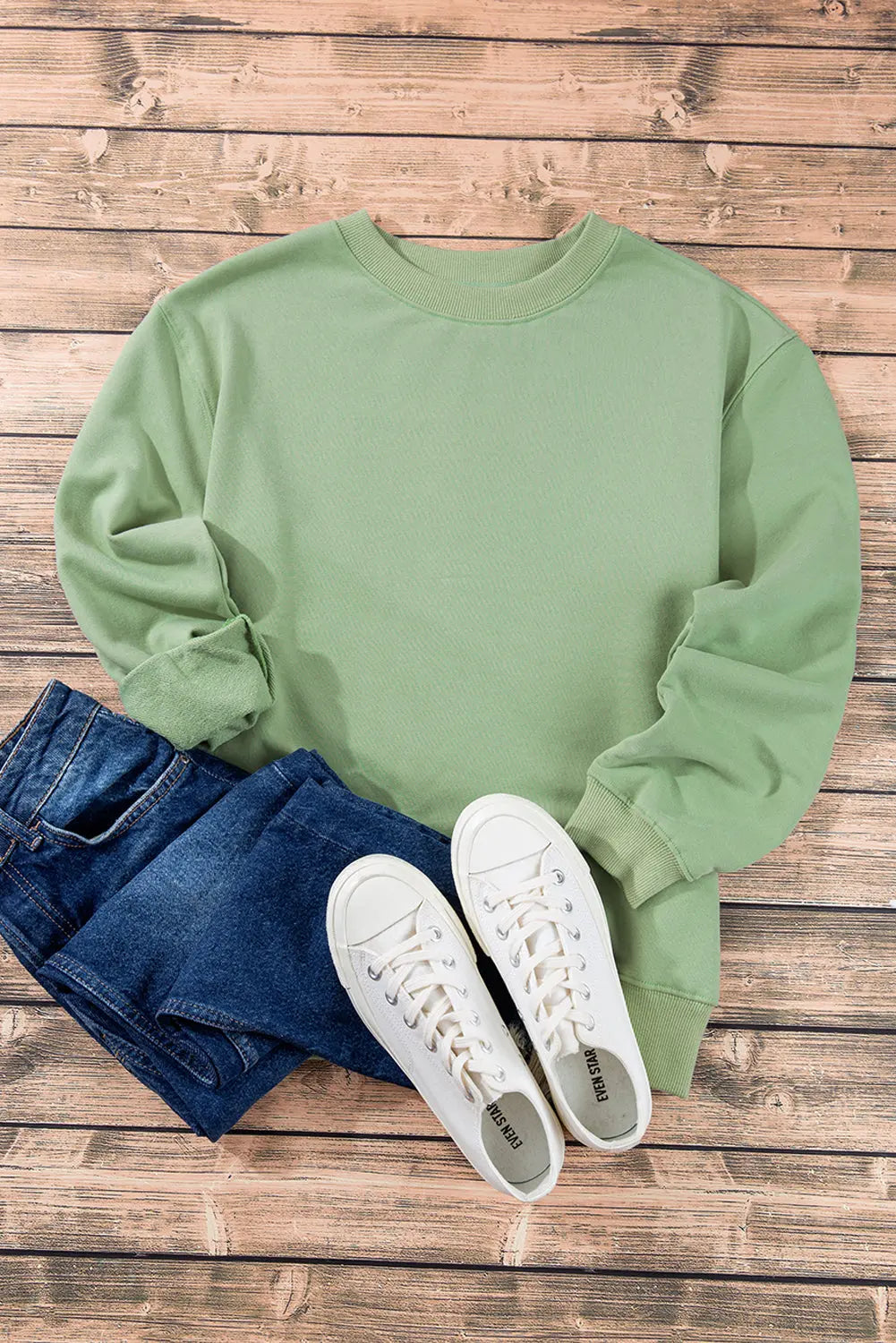 Smoke Green Plain Drop Shoulder Crewneck Pullover Sweatshirt eAura