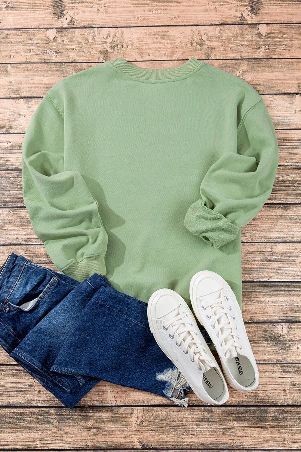 Smoke Green Plain Drop Shoulder Crewneck Pullover Sweatshirt eAura
