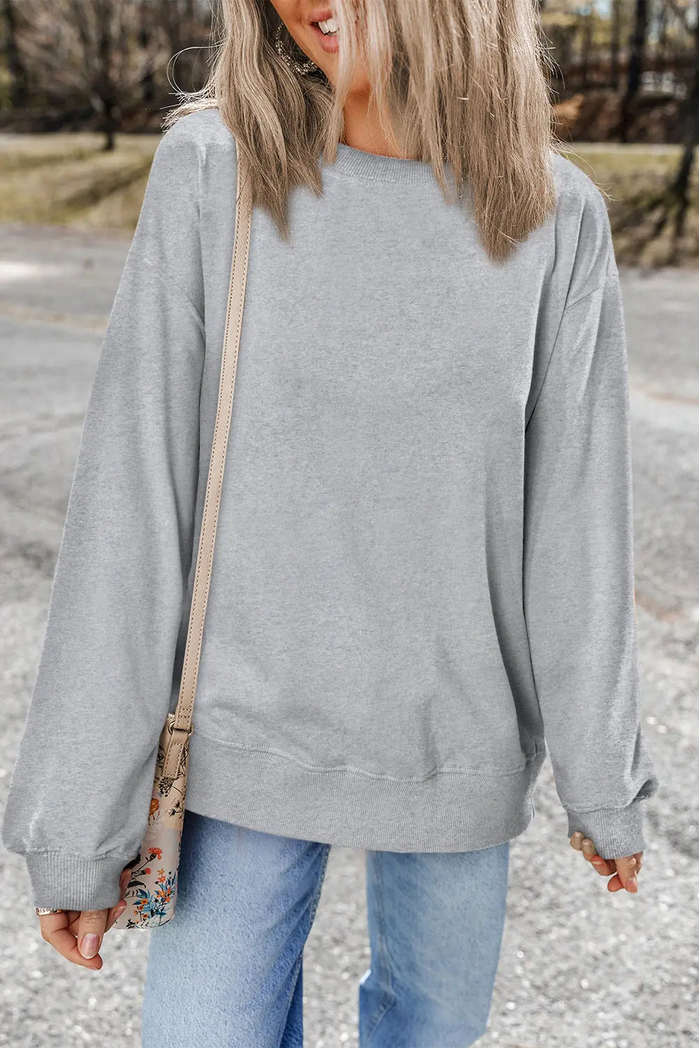Smoke Green Plain Drop Shoulder Crewneck Pullover Sweatshirt eAura