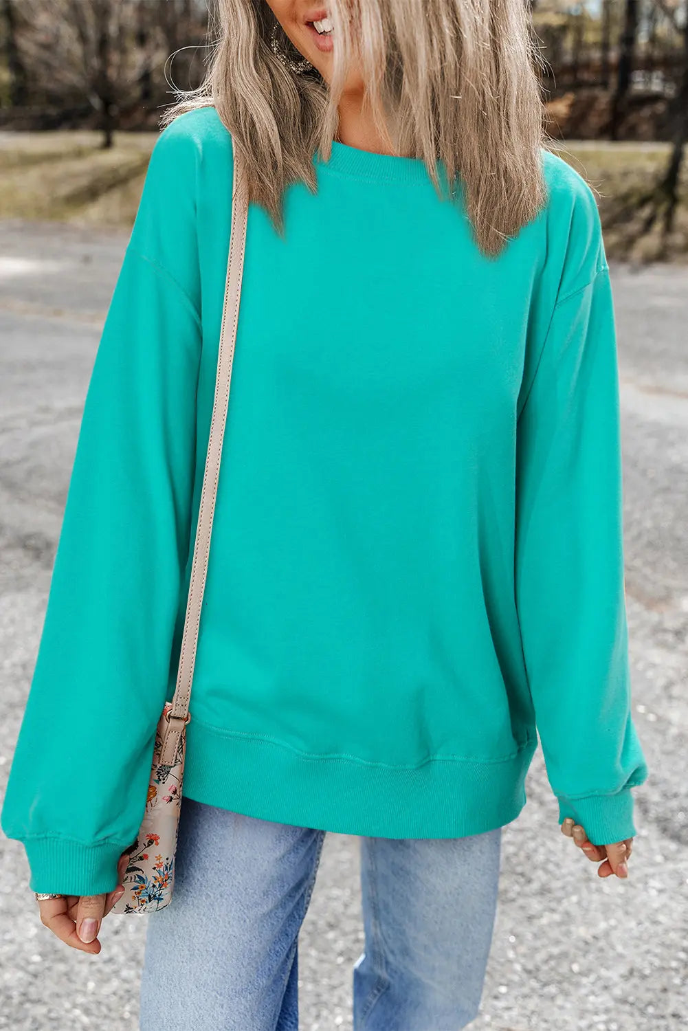 Smoke Green Plain Drop Shoulder Crewneck Pullover Sweatshirt eAura