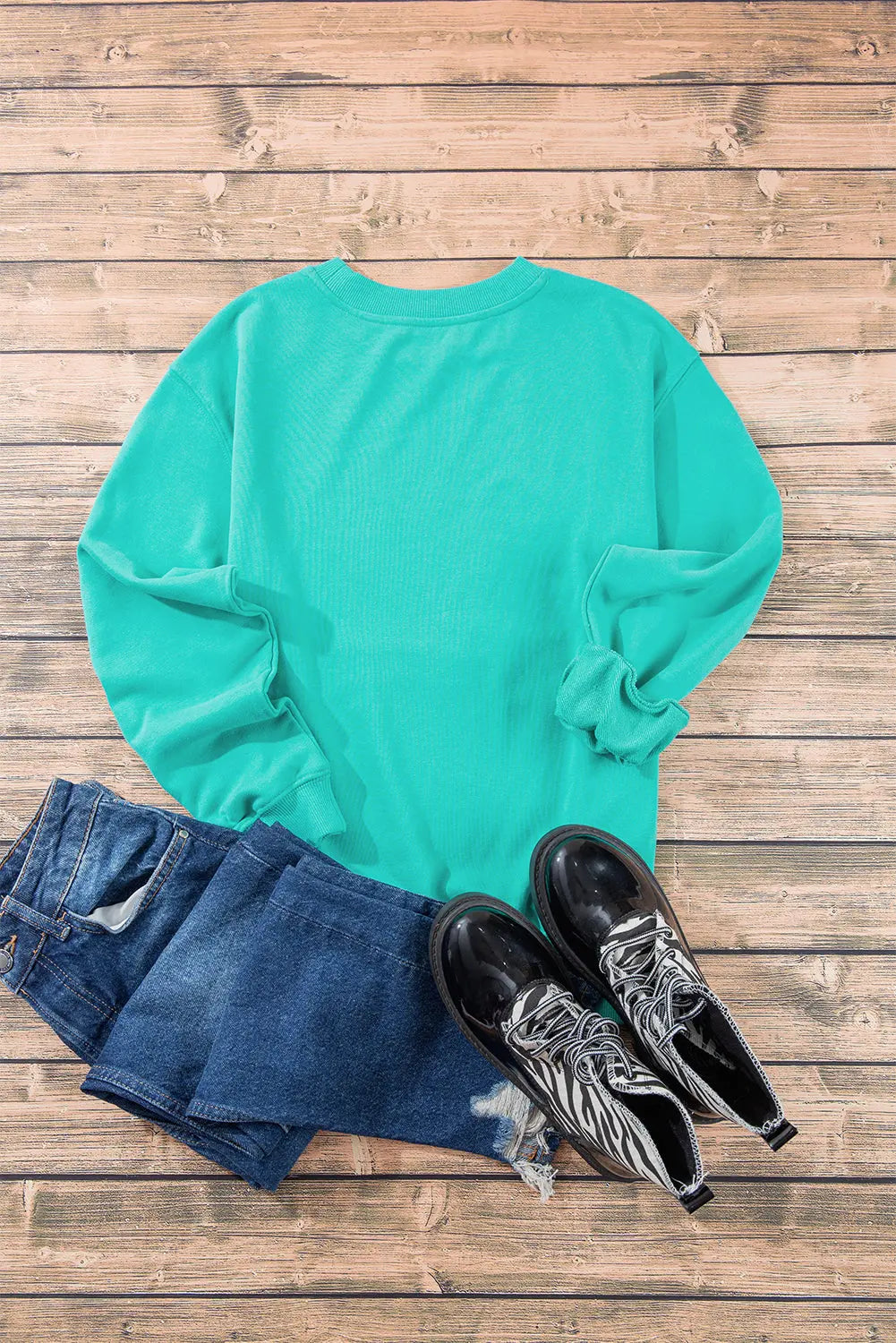 Smoke Green Plain Drop Shoulder Crewneck Pullover Sweatshirt eAura
