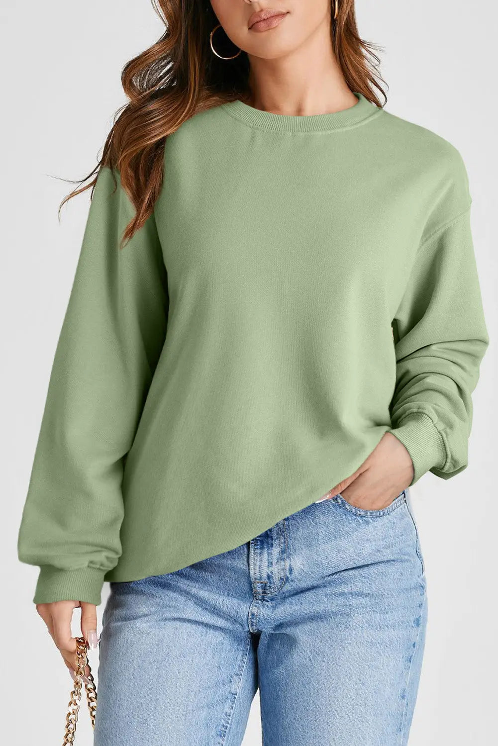 Smoke Green Plain Drop Shoulder Crewneck Pullover Sweatshirt eAura