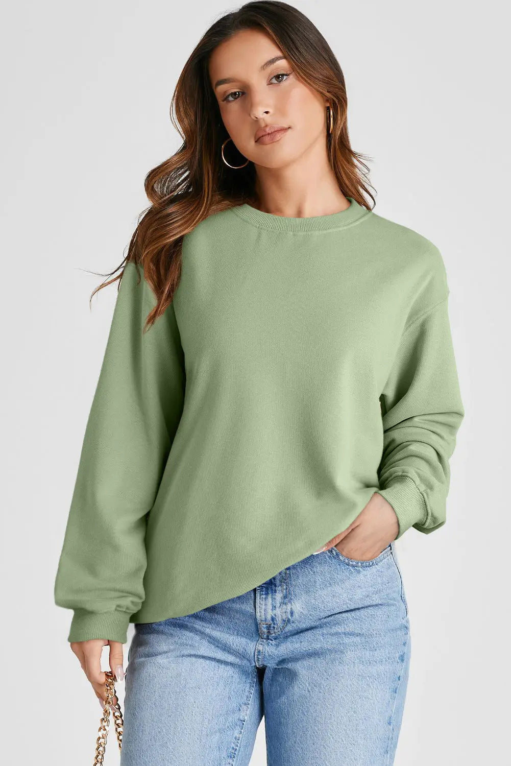 Smoke Green Plain Drop Shoulder Crewneck Pullover Sweatshirt eAura