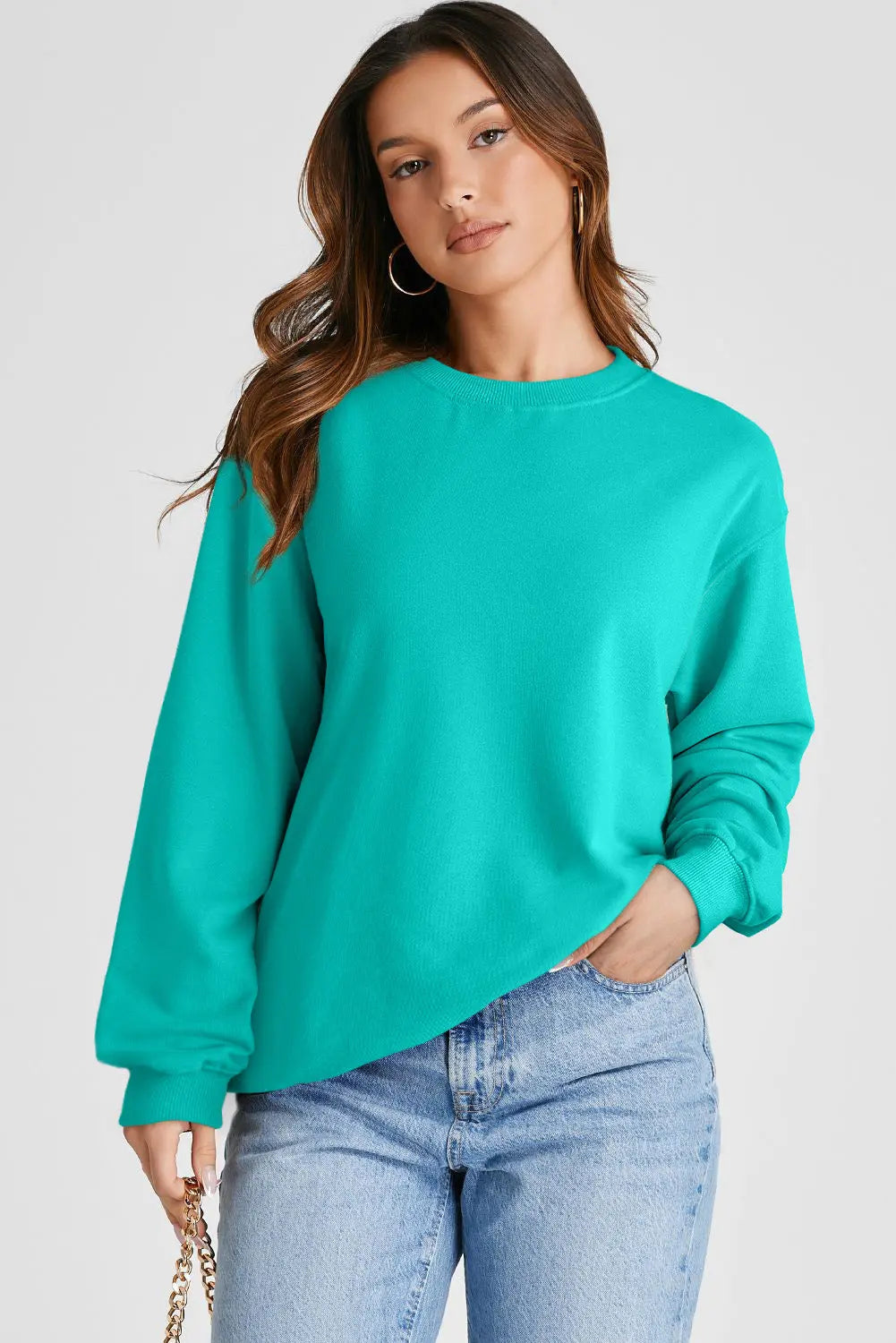 Smoke Green Plain Drop Shoulder Crewneck Pullover Sweatshirt eAura