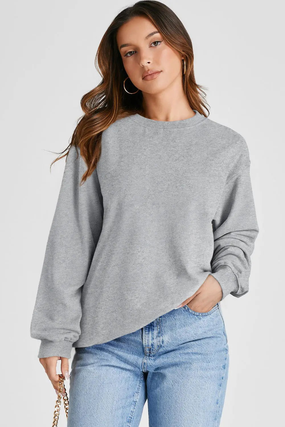 Smoke Green Plain Drop Shoulder Crewneck Pullover Sweatshirt eAura