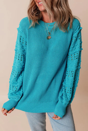 Turquoise Ruffled Eyelet Bubble Sleeve Sweater Beagle Boutique Fashion Outlet