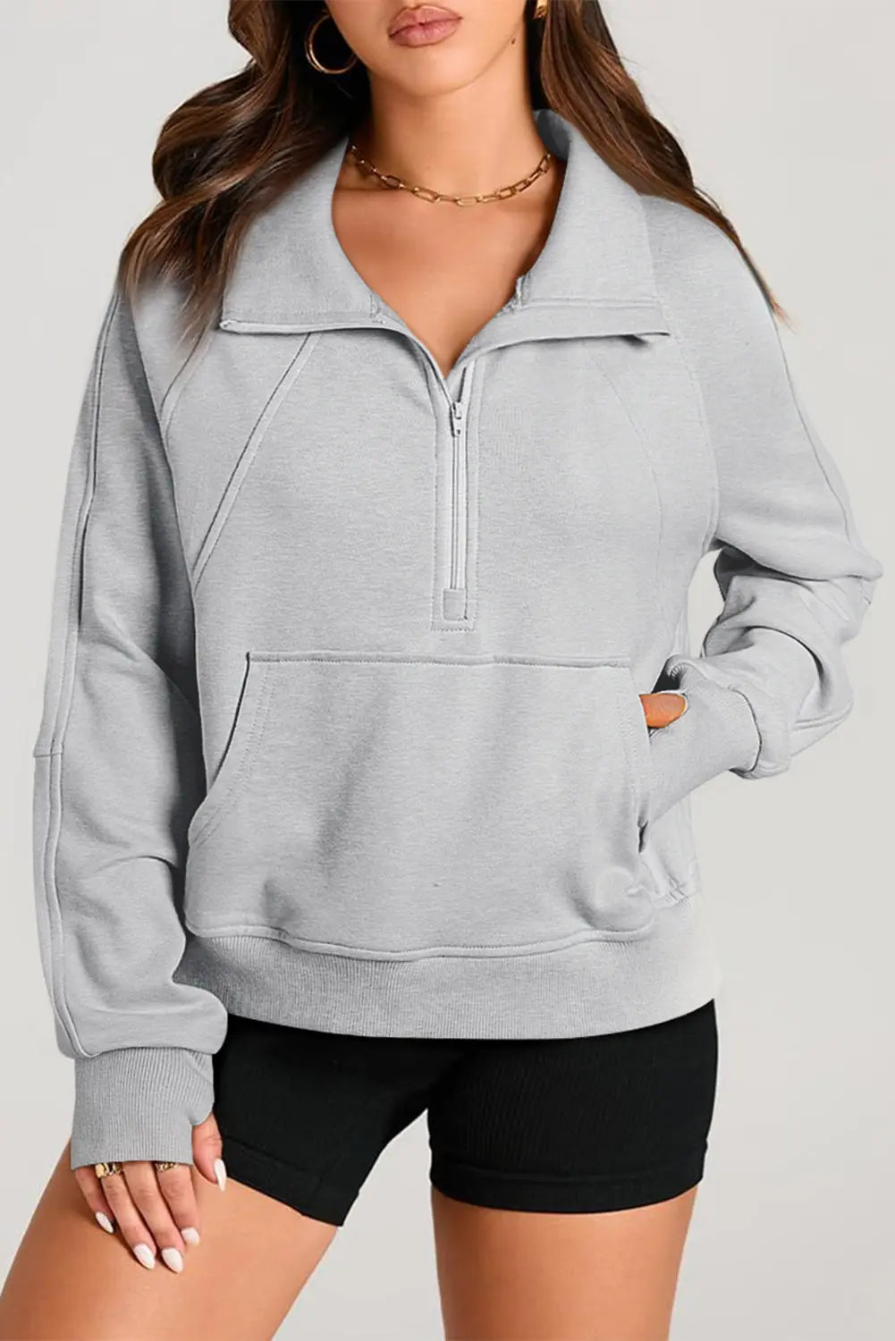 Valerian Quarter Zip Stand Neck Kangaroo Pocket Sweatshirt Beagle Boutique Fashion Outlet