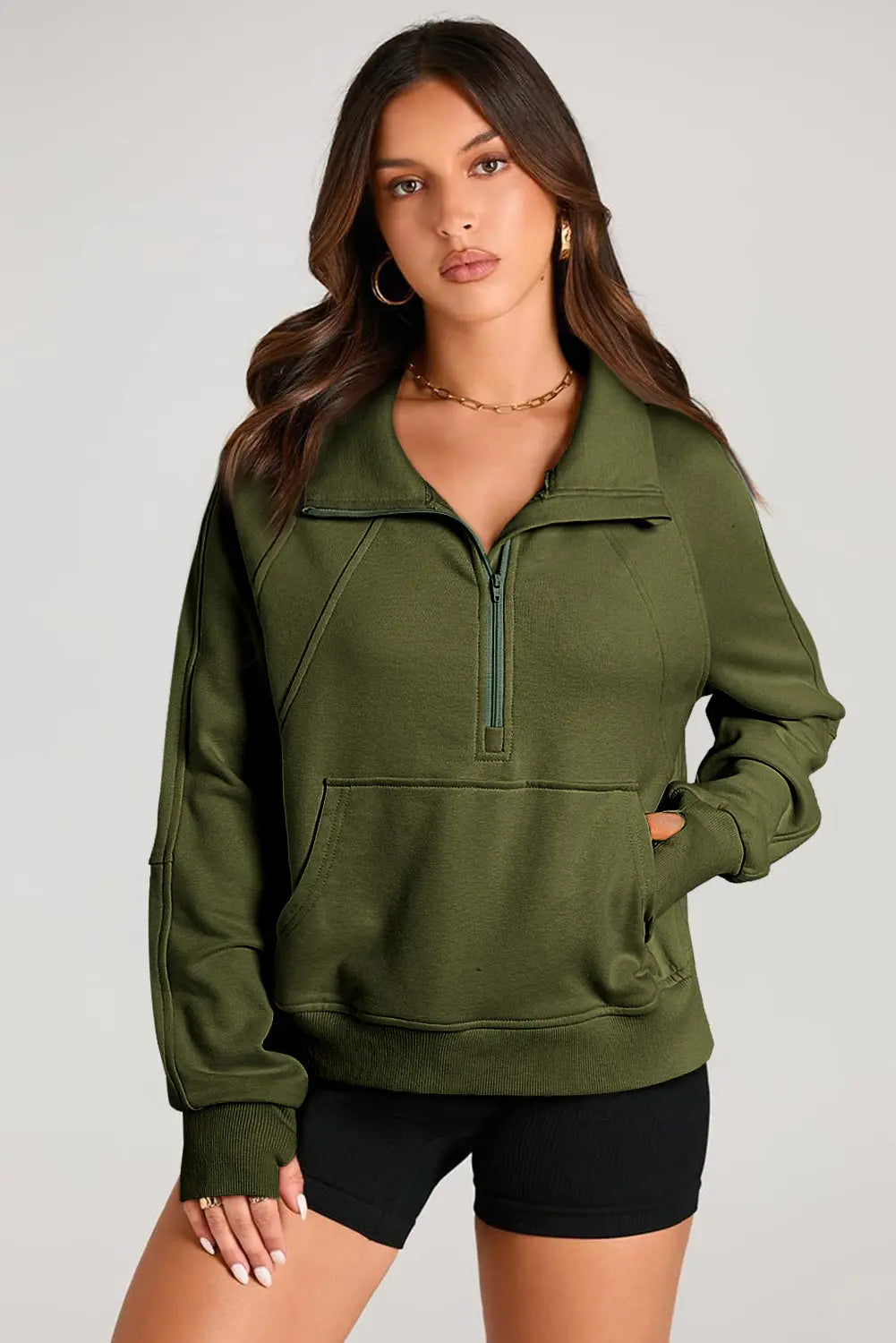 Valerian Quarter Zip Stand Neck Kangaroo Pocket Sweatshirt Beagle Boutique Fashion Outlet