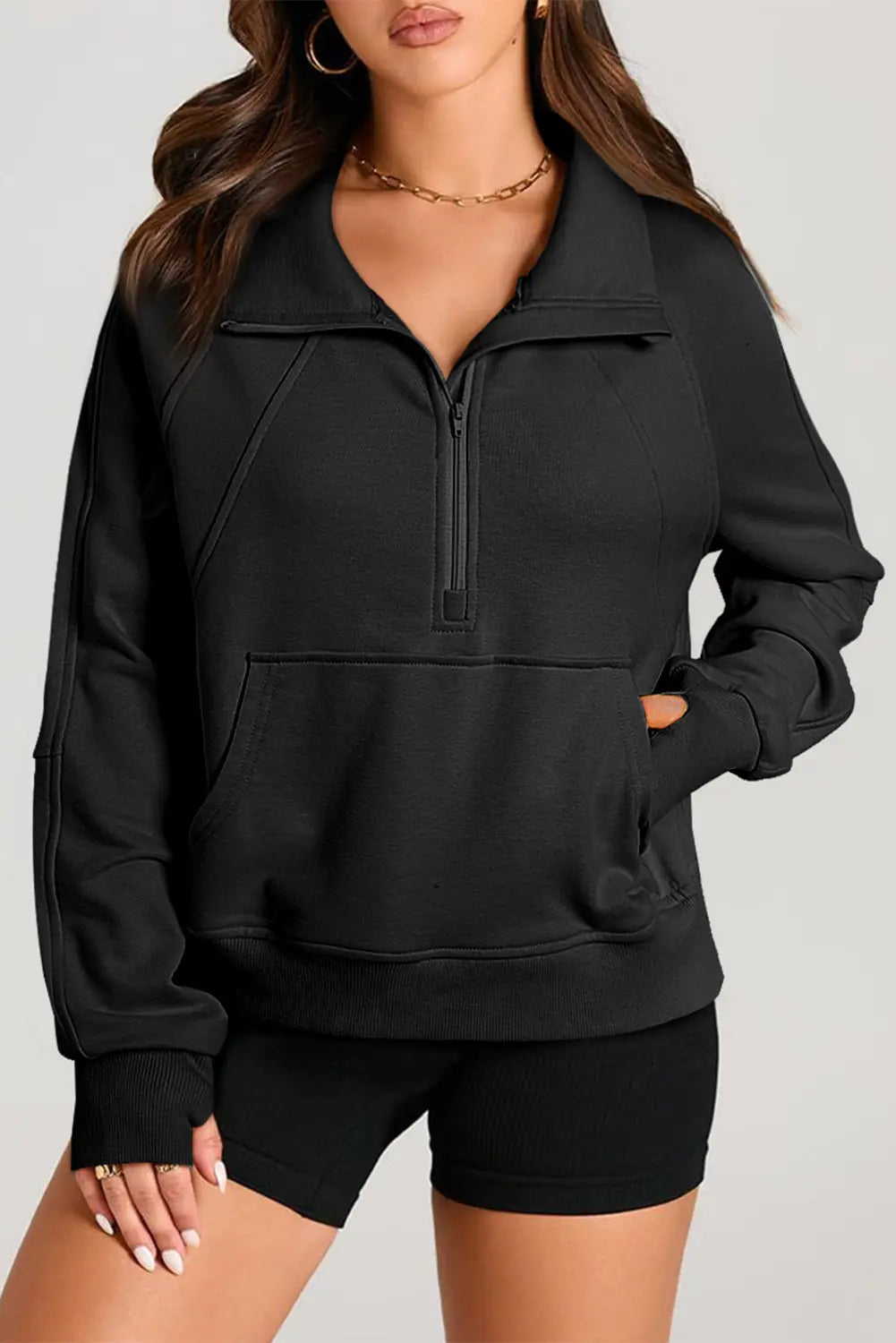 Valerian Quarter Zip Stand Neck Kangaroo Pocket Sweatshirt Beagle Boutique Fashion Outlet