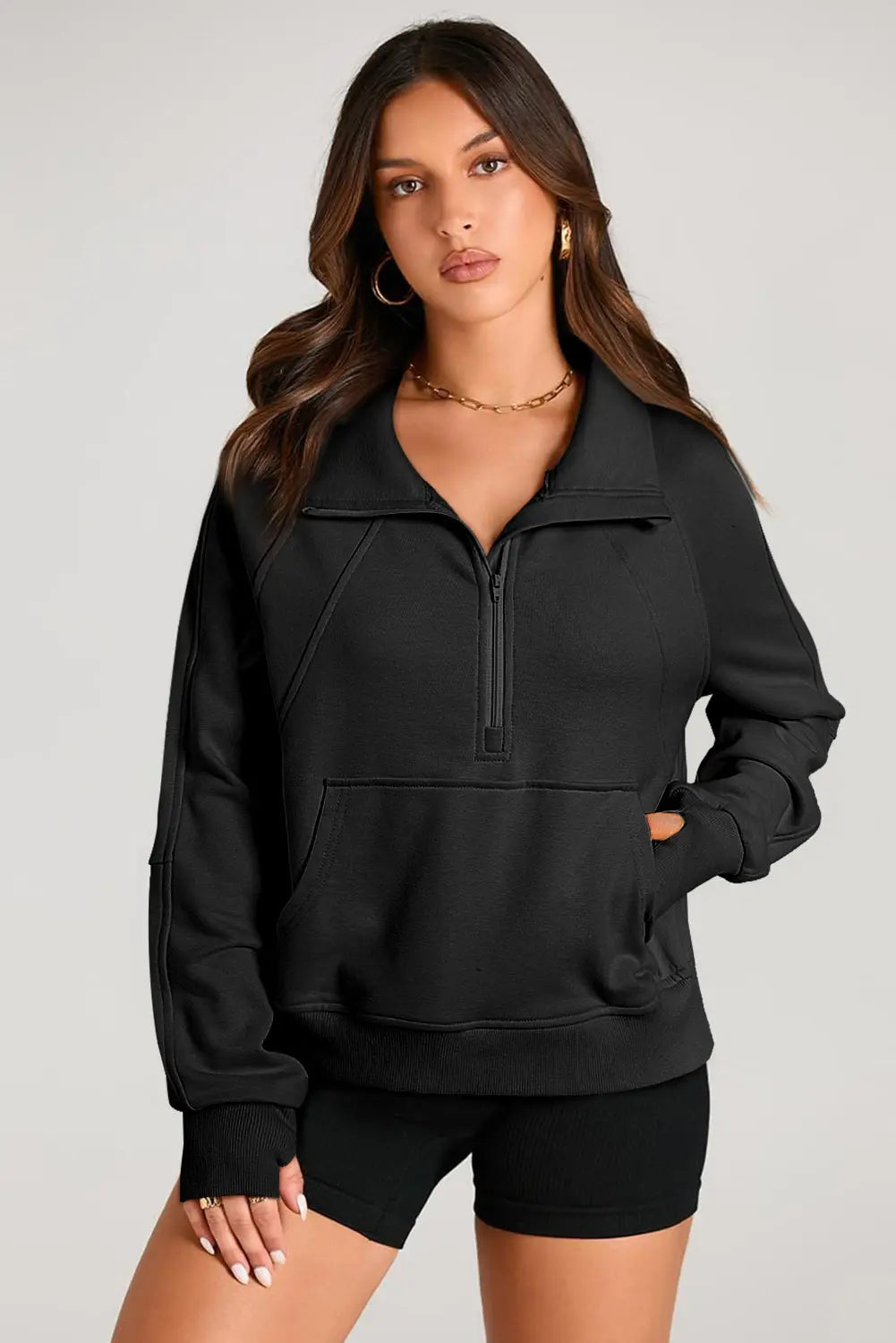 Valerian Quarter Zip Stand Neck Kangaroo Pocket Sweatshirt Beagle Boutique Fashion Outlet