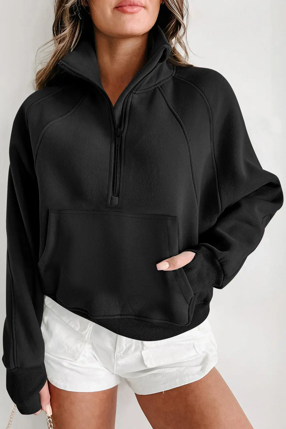 Valerian Quarter Zip Stand Neck Kangaroo Pocket Sweatshirt Beagle Boutique Fashion Outlet