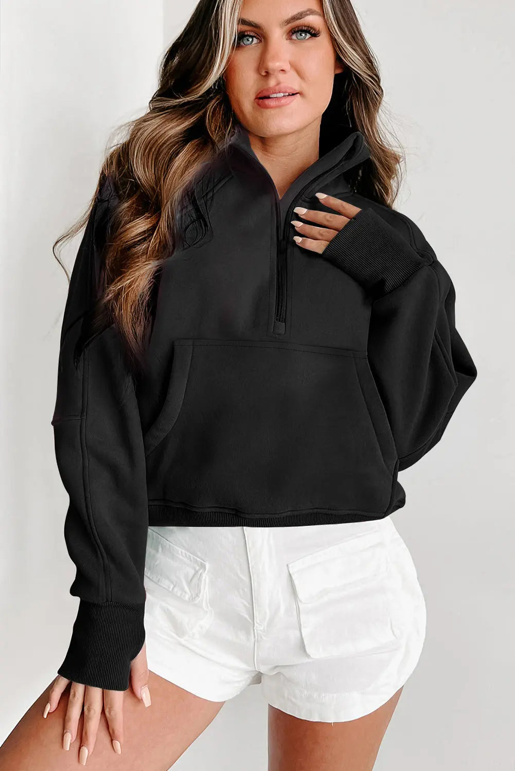Valerian Quarter Zip Stand Neck Kangaroo Pocket Sweatshirt Beagle Boutique Fashion Outlet