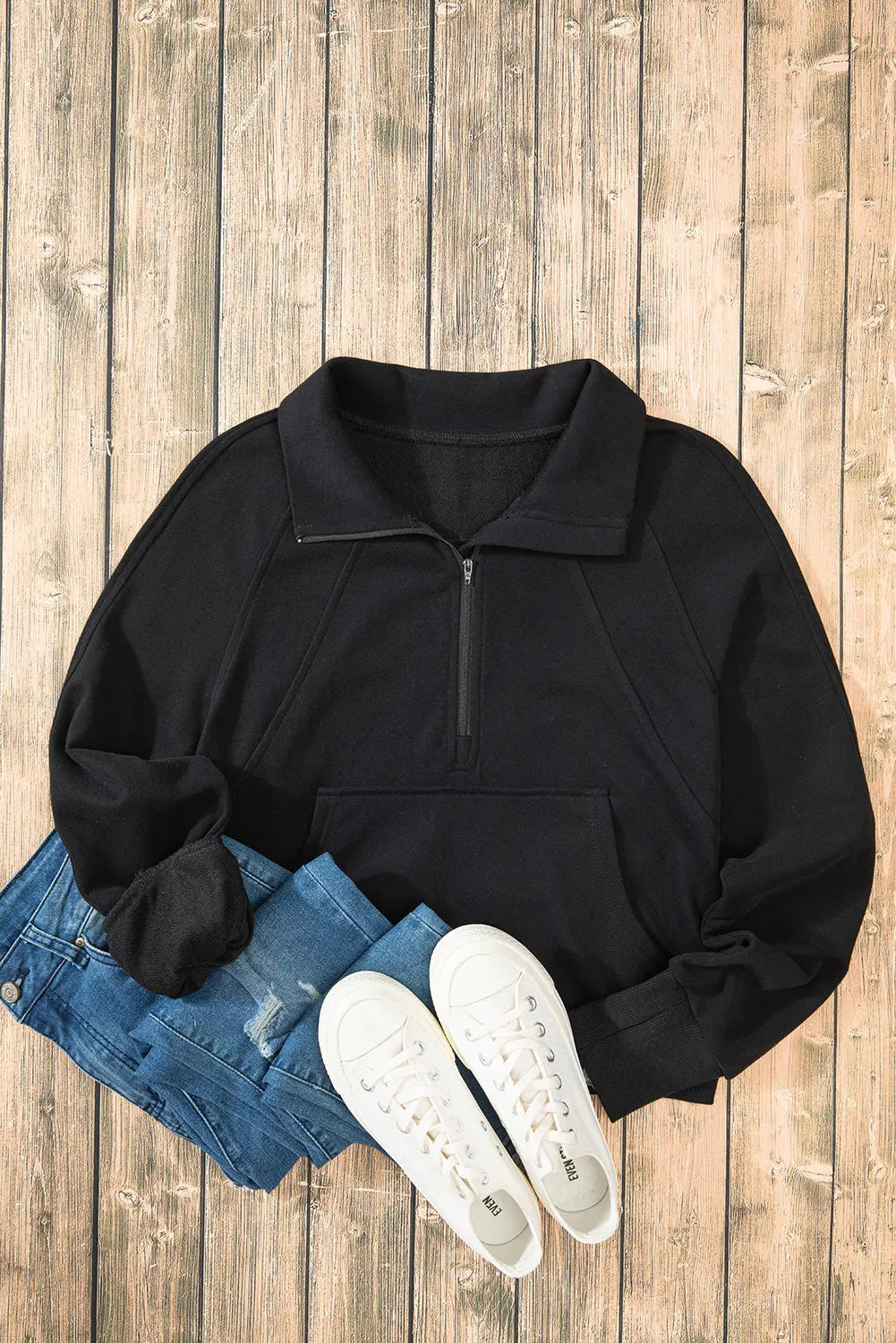 Valerian Quarter Zip Stand Neck Kangaroo Pocket Sweatshirt Beagle Boutique Fashion Outlet
