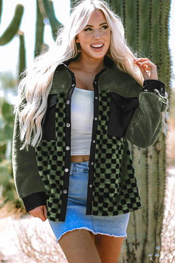 Vineyard Green Fleece Checkerboard Flap Pocket Snap Button Jacket - BB Fashion Outlet