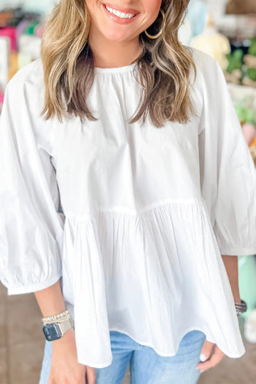 White Bow Knot Cutout Back Loose Fit 3/4 Sleeve Blouse - BB Fashion Outlet