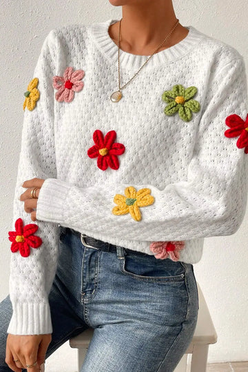 White Colourful Flower Applique Textured Knit Sweater - BB Fashion Outlet