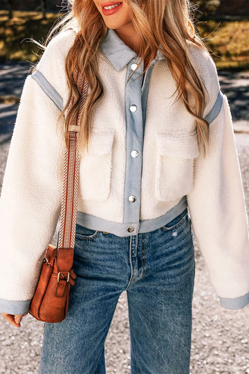 White Contrast Trim Buttoned Sherpa Jacket Beagle Boutique Fashion Outlet