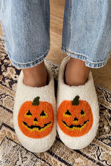White Halloween Pumpkin Print Plush Slippers (Runs Small, Size Up) Beagle Boutique Fashion Outlet