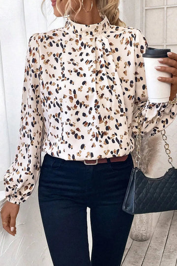 White Leopard Print Lantern Sleeve Mock Neck Pleated Blouse Beagle Boutique Fashion Outlet