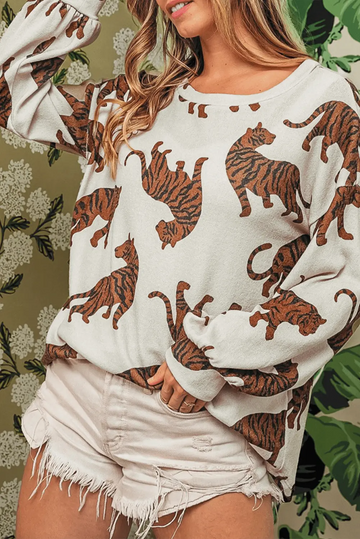 White Lively Tiger Print Casual Sweatshirt - BB Fashion Outlet
