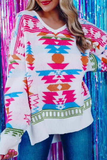 White Oversize Aztec Print High Low V Neck Sweater - BB Fashion Outlet