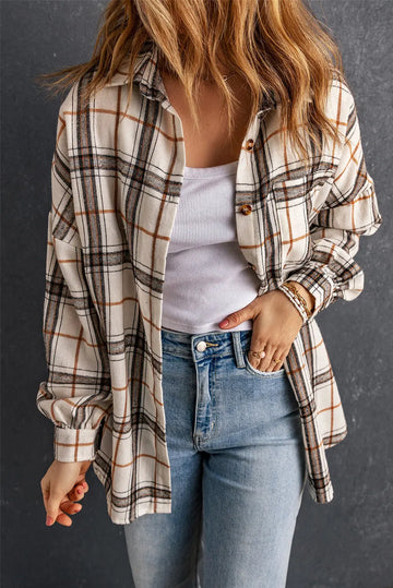 White Oversized Plaid Pattern Shacket with Slits eAura