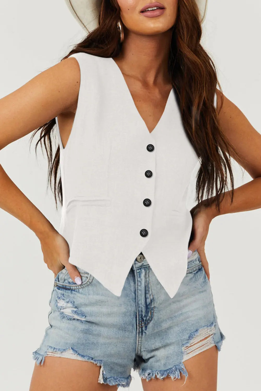 White Solid Colour Button up Waistcoat Beagle Boutique Fashion Outlet