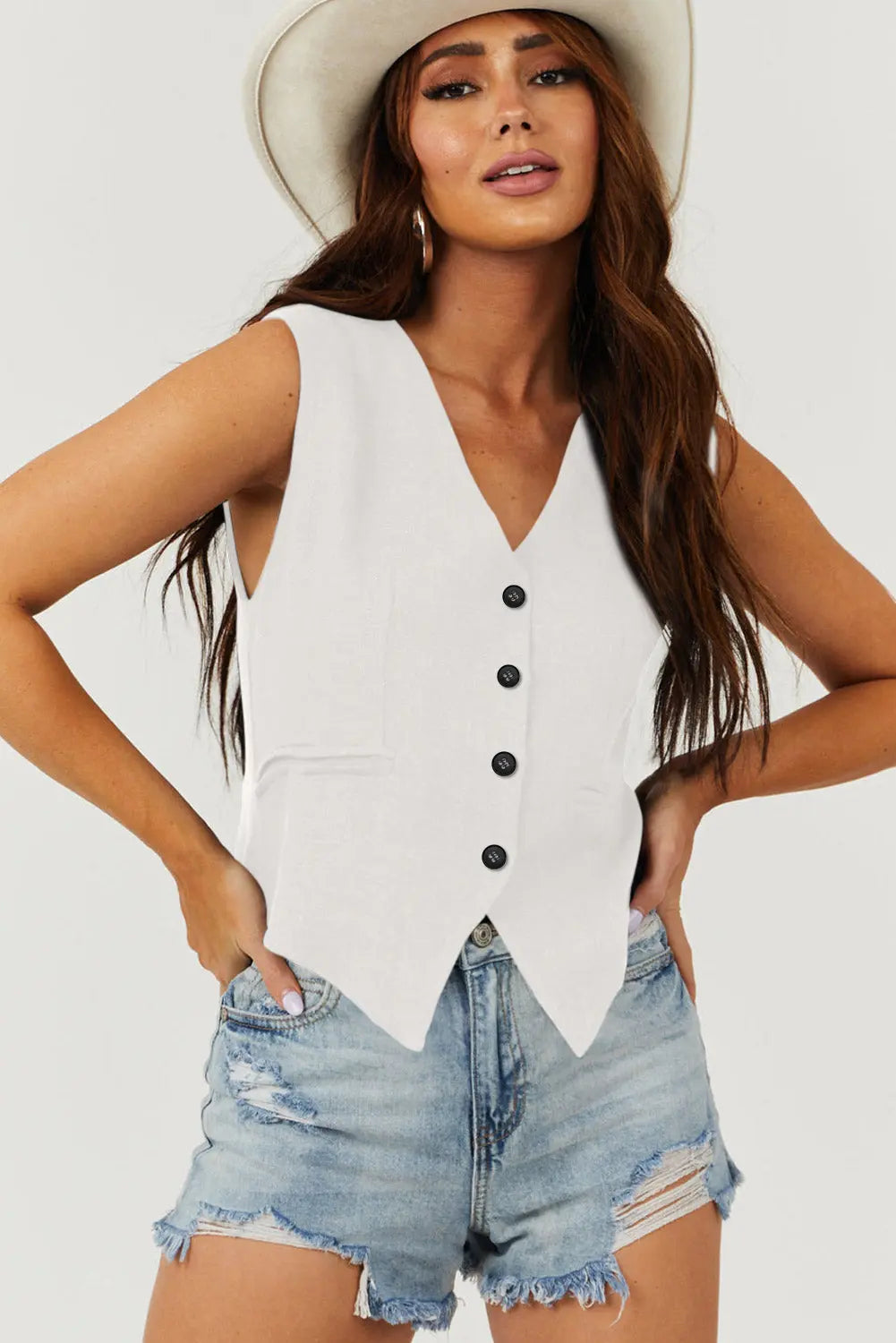 White Solid Colour Button up Waistcoat Beagle Boutique Fashion Outlet