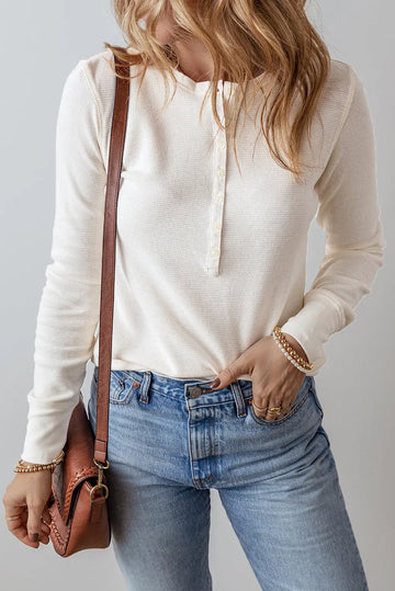 White Solid Colour Waffle Half Button Long Sleeve Top Beagle Boutique Fashion Outlet