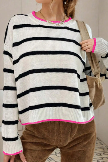 White Stripe Colour Contrast Drop Shoulder Crew Neck Sweater Beagle Boutique Fashion Outlet