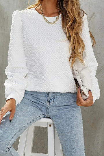 White Textured Puff Long Sleeve Round Neck Top Beagle Boutique Fashion Outlet