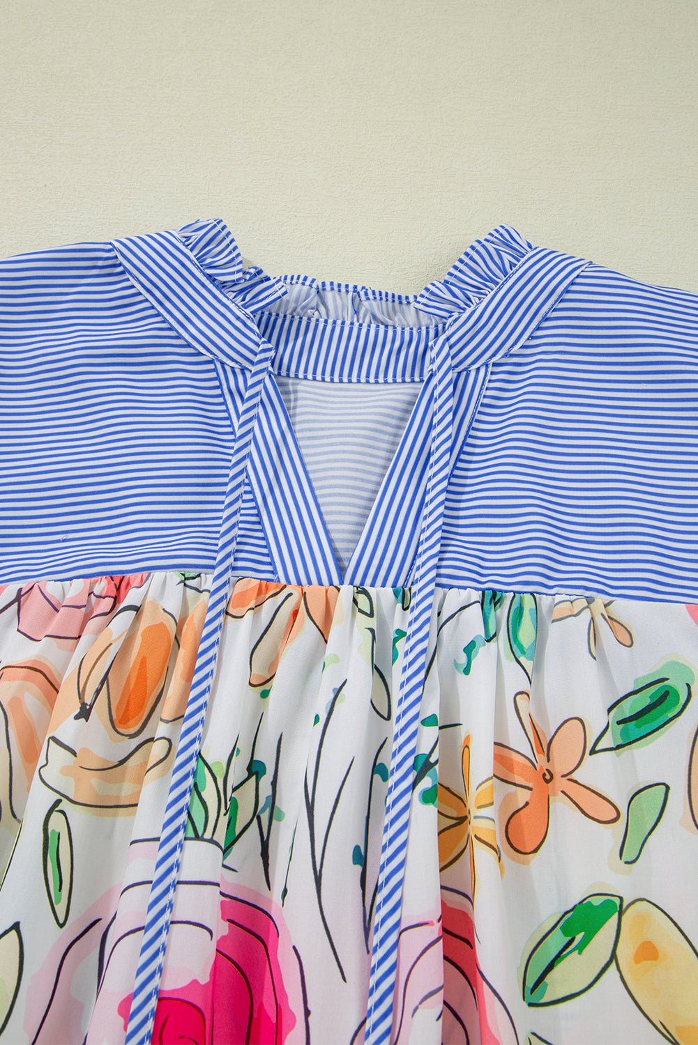 Multicolour Floral Print Striped Yoke Frilled V Neck Puff Short Sleeve Blouse eAura