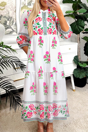White Floral Print Half Button Mandarin Neck 3/4 Sleeve Maxi Dress Dear-Lover Dropshipping