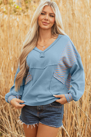 Exposed Seam Waffle Striped Patchwork Baggy Pullover - eAura